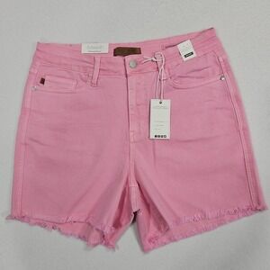 Judy‎ Blue Shorts 1XL Pink Garmet Dyed Denim Mid Rise Fray Hem Stretch 5" Inseam